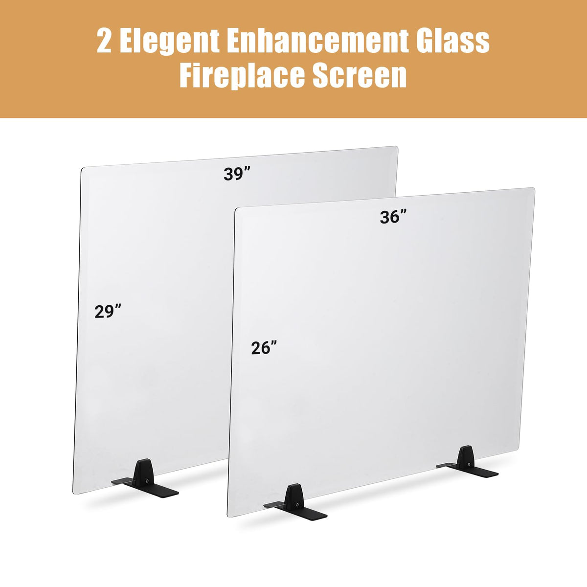 36 Inch Tempered Glass Fireplace Screen with Metal Black Base B253