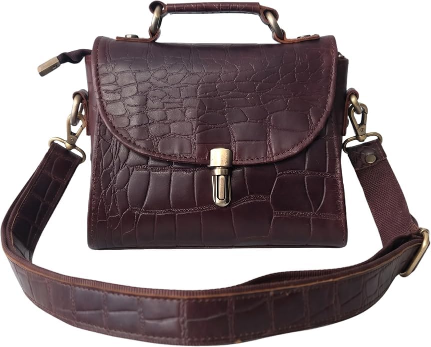 Genuine Leather Crocodile Embossed Crossbody Bag Brown Z4918
