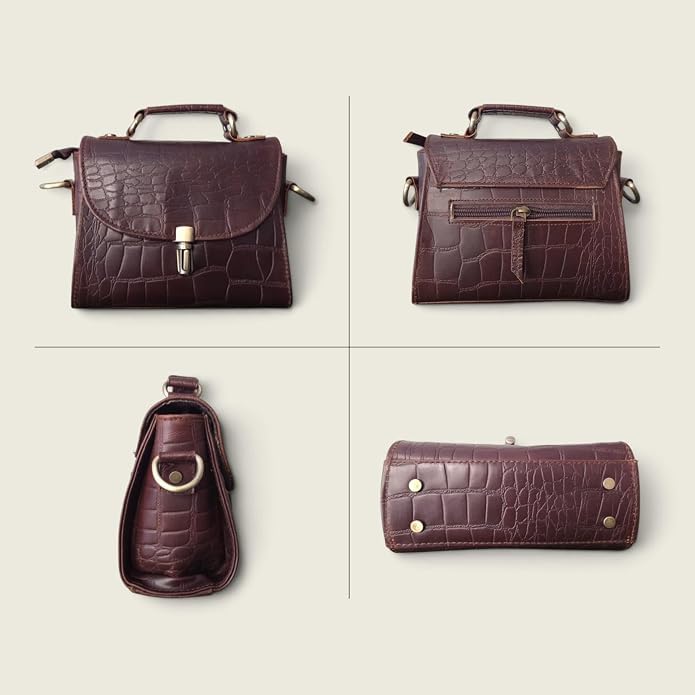 Genuine Leather Crocodile Embossed Crossbody Bag Brown Z4918
