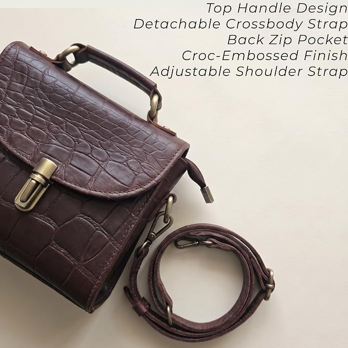 Genuine Leather Crocodile Embossed Crossbody Bag Brown Z4918