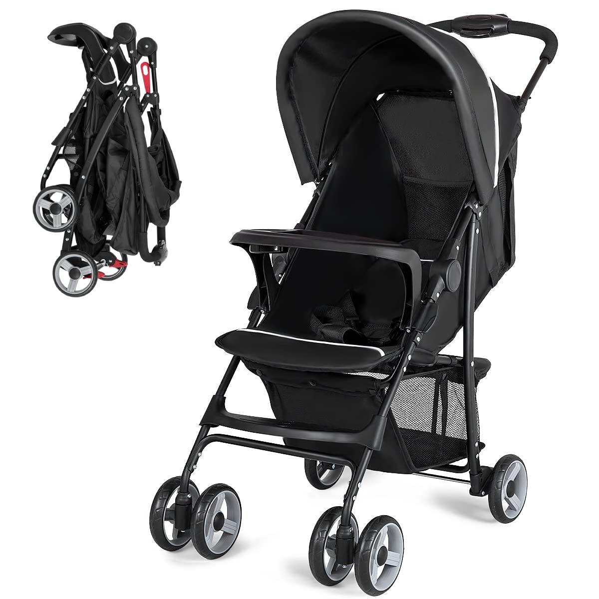 Lightweight Compact Toddler Travel Stroller with Canopy, 5-Point Harness, Storage Basket, One-Hand Fold, Black D265519