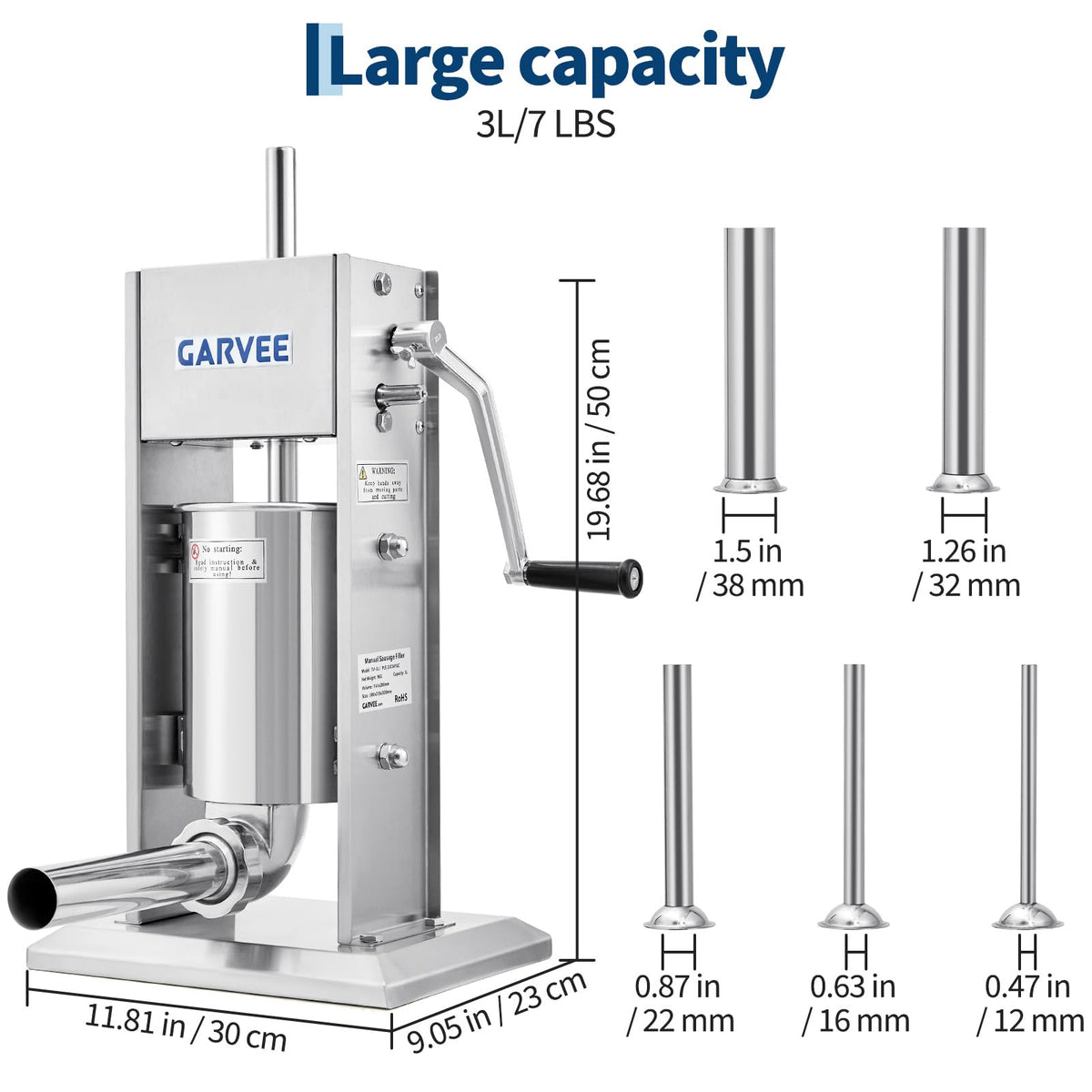 3L Stainless Steel Manual Sausage Stuffer with 5 Filling Tubes P20153