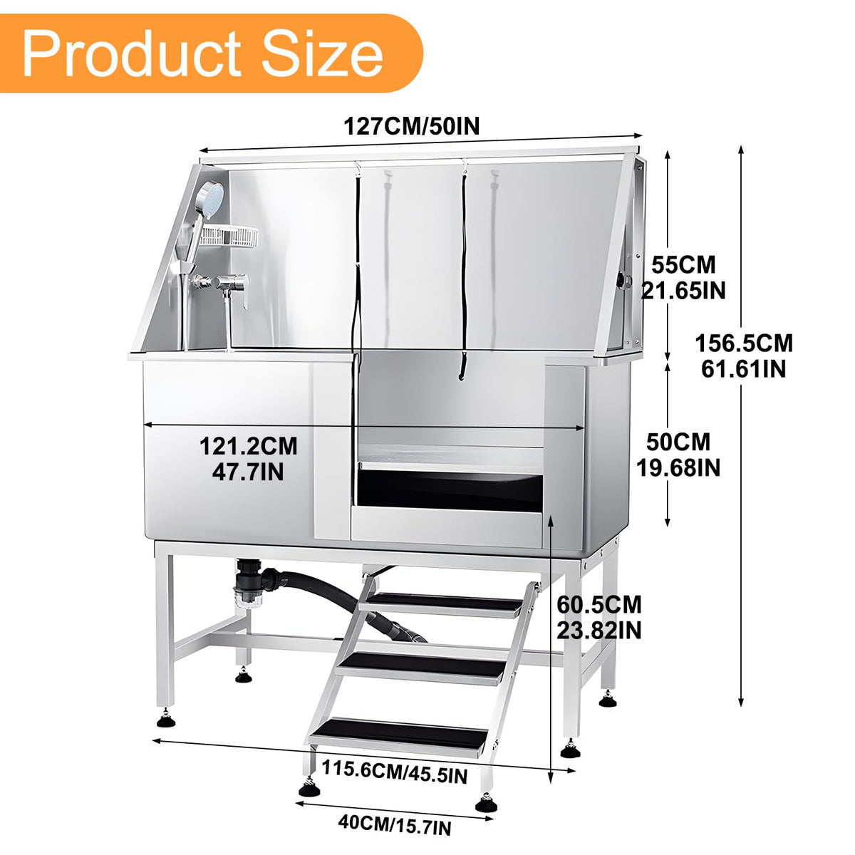 Stainless Steel Dog Grooming Tub with Stairs and Faucet H2685