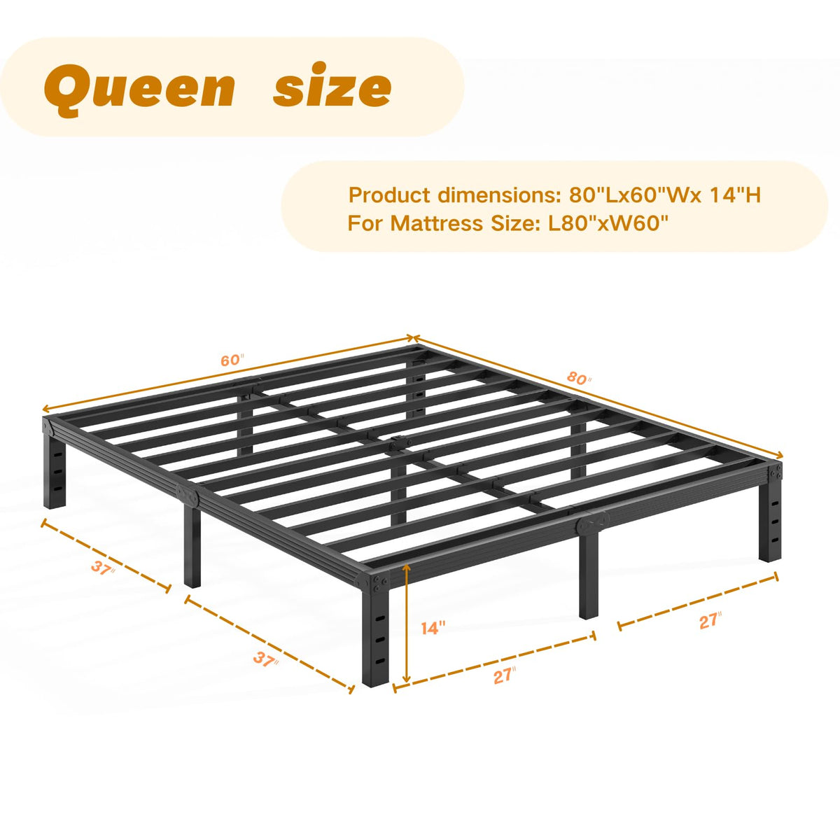 14 Inch Metal Queen Bed Frame with Storage, Black E62257