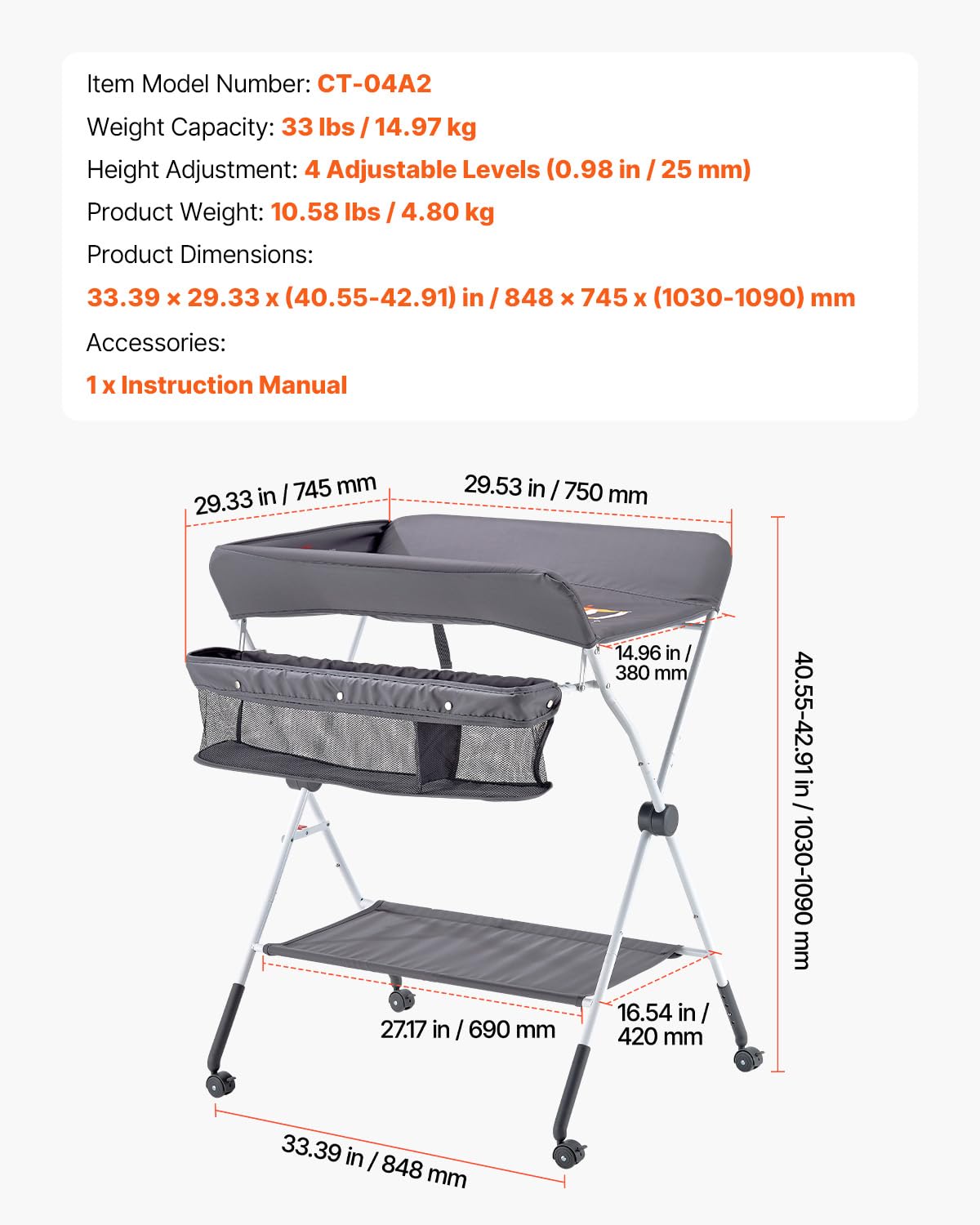 Foldable Baby Changing Table with Side Basket I89954