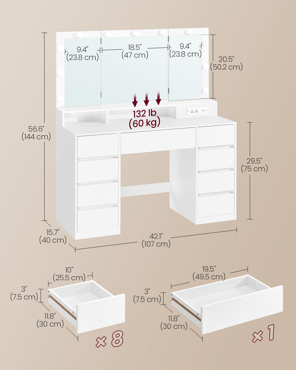 Vanity Desk with LED Lights and Tri-Fold Mirror, 9 Drawers Q818