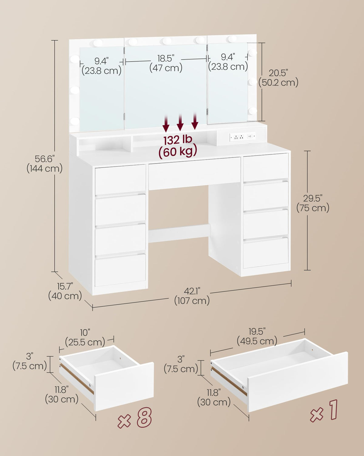Vanity Desk with LED Lights and Tri-Fold Mirror, 9 Drawers Q818