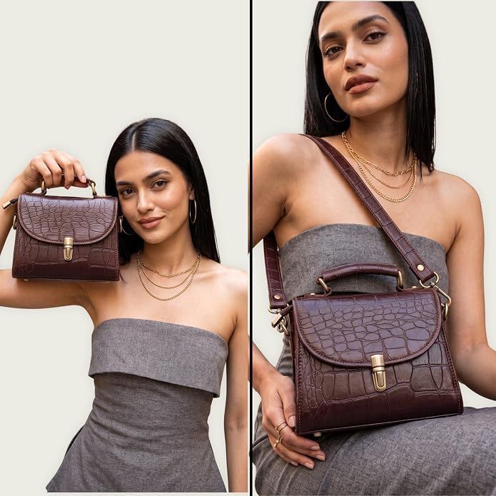 Genuine Leather Crocodile Embossed Crossbody Bag Brown Z4918