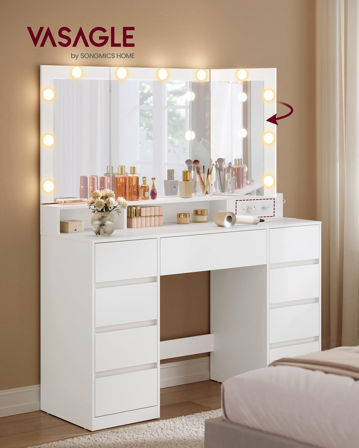Vanity Desk with LED Lights and Tri-Fold Mirror, 9 Drawers Q818