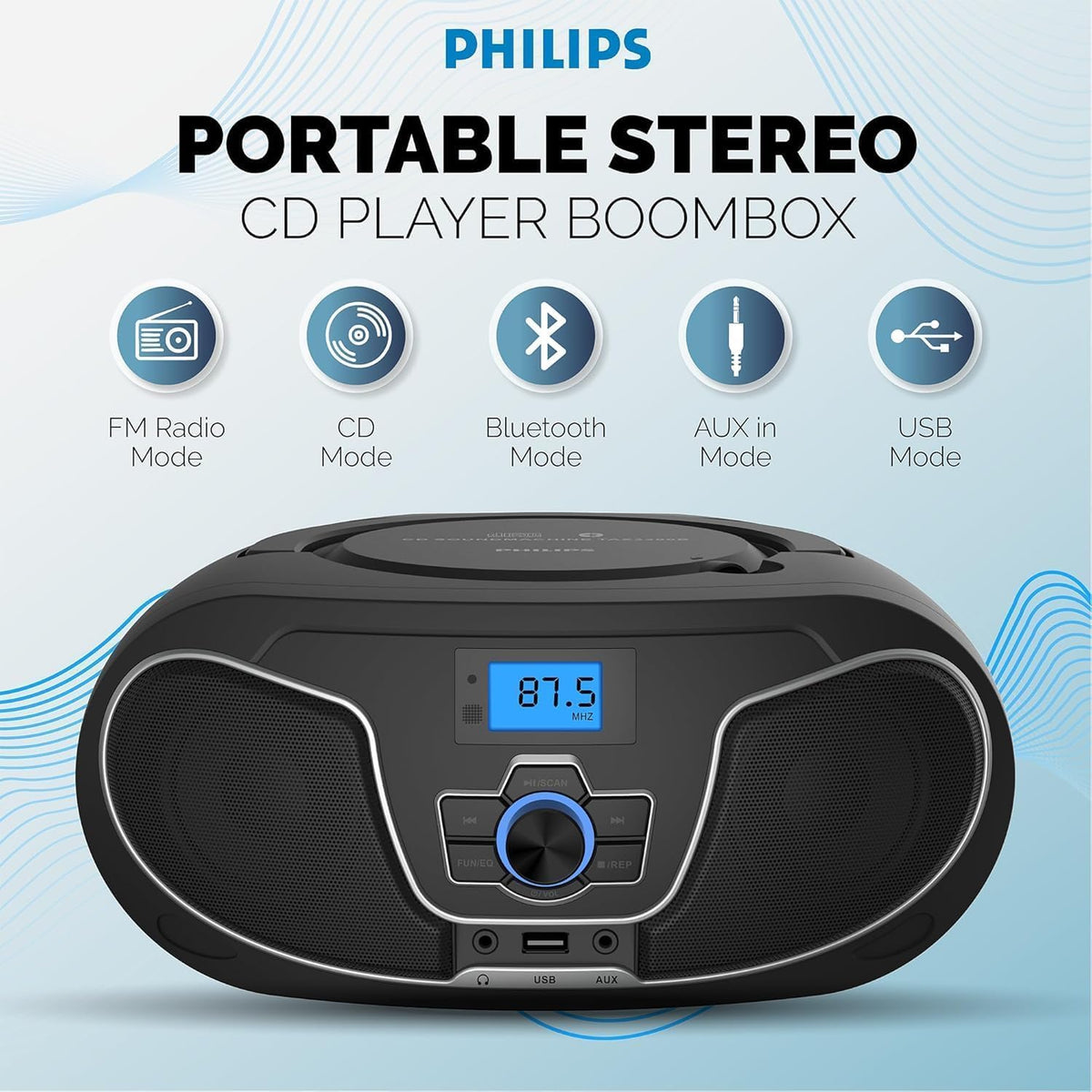 Portable CD Player Boombox with Bluetooth, FM Radio, USB Playback & AUX Input U7178