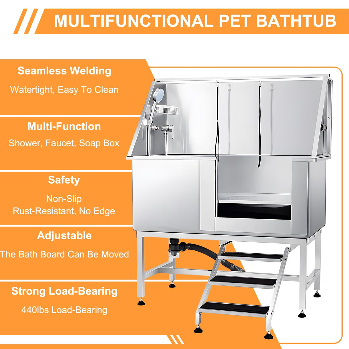 Stainless Steel Dog Grooming Tub with Stairs and Faucet H2685