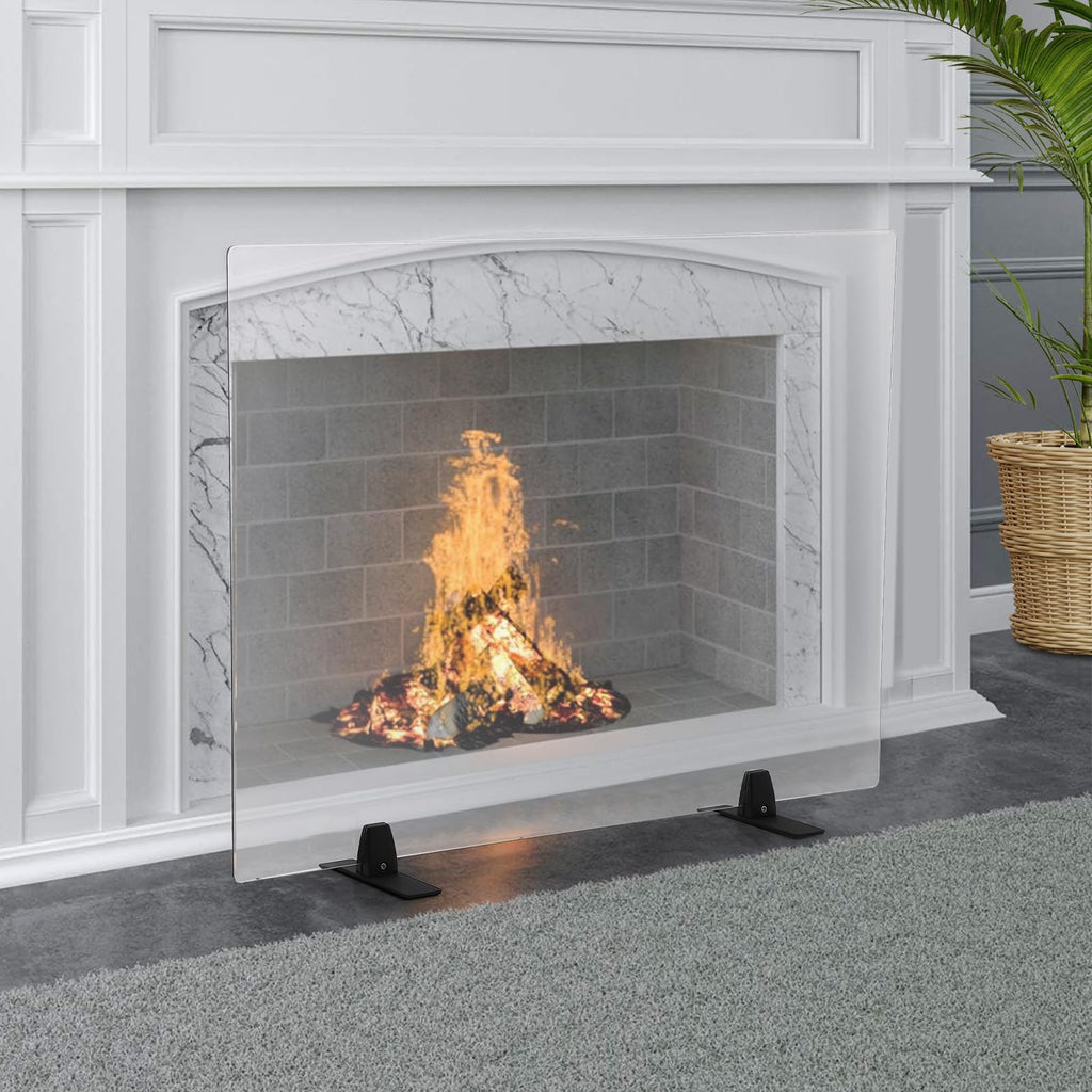 36 Inch Tempered Glass Fireplace Screen with Metal Black Base B253
