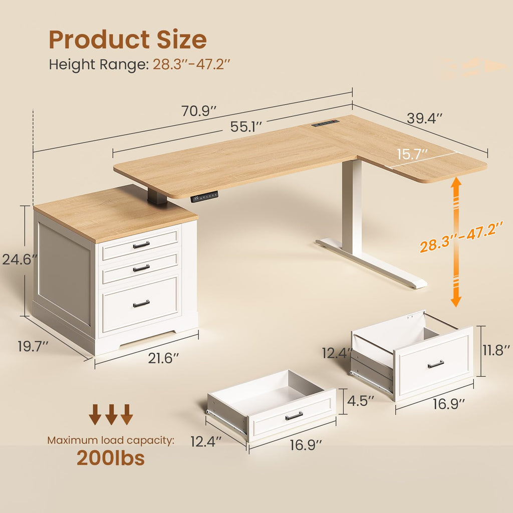L Shaped Height Adjustable Standing Desk with 3 Drawers R5546
