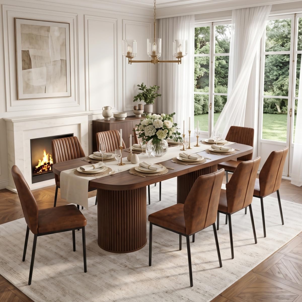 79" Rectangular Wood Dining Table Set for 8 with Cushioned Chairs F563544