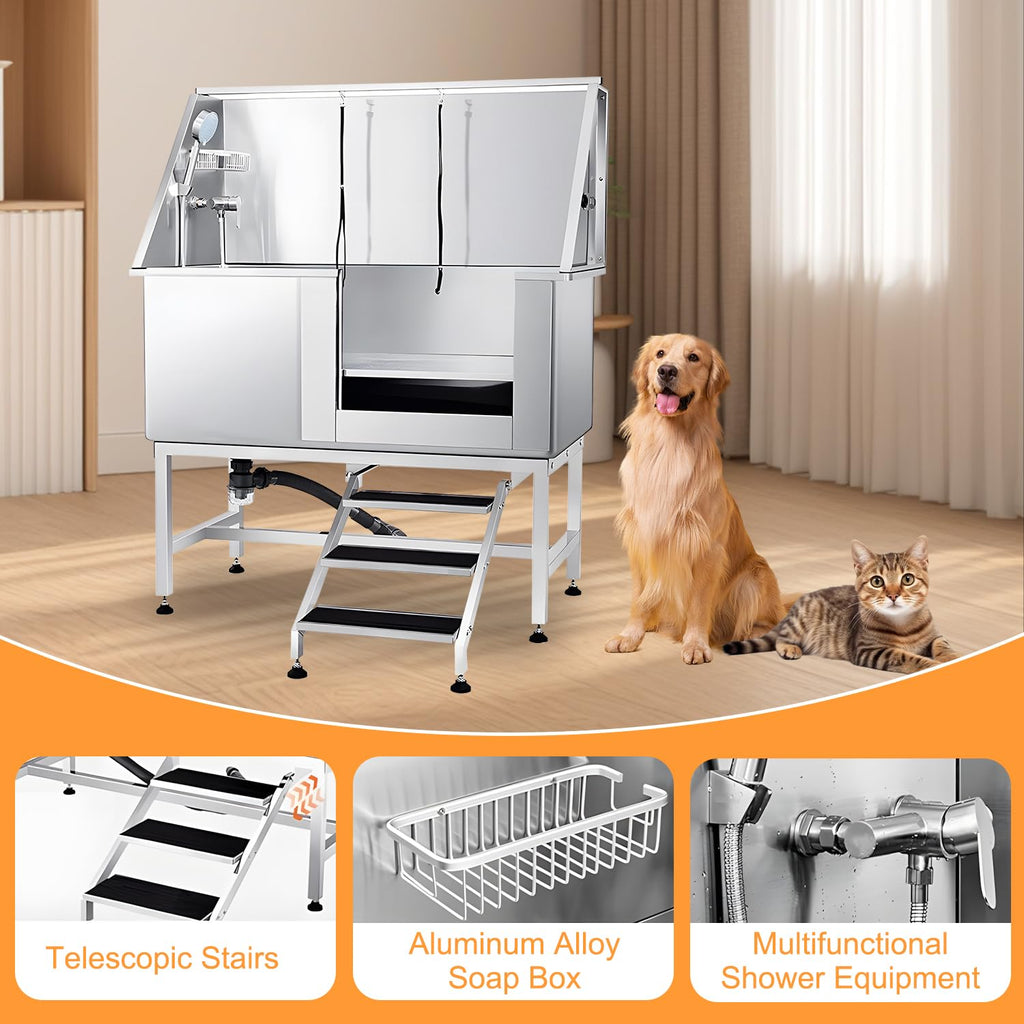 Stainless Steel Dog Grooming Tub with Stairs and Faucet H2685