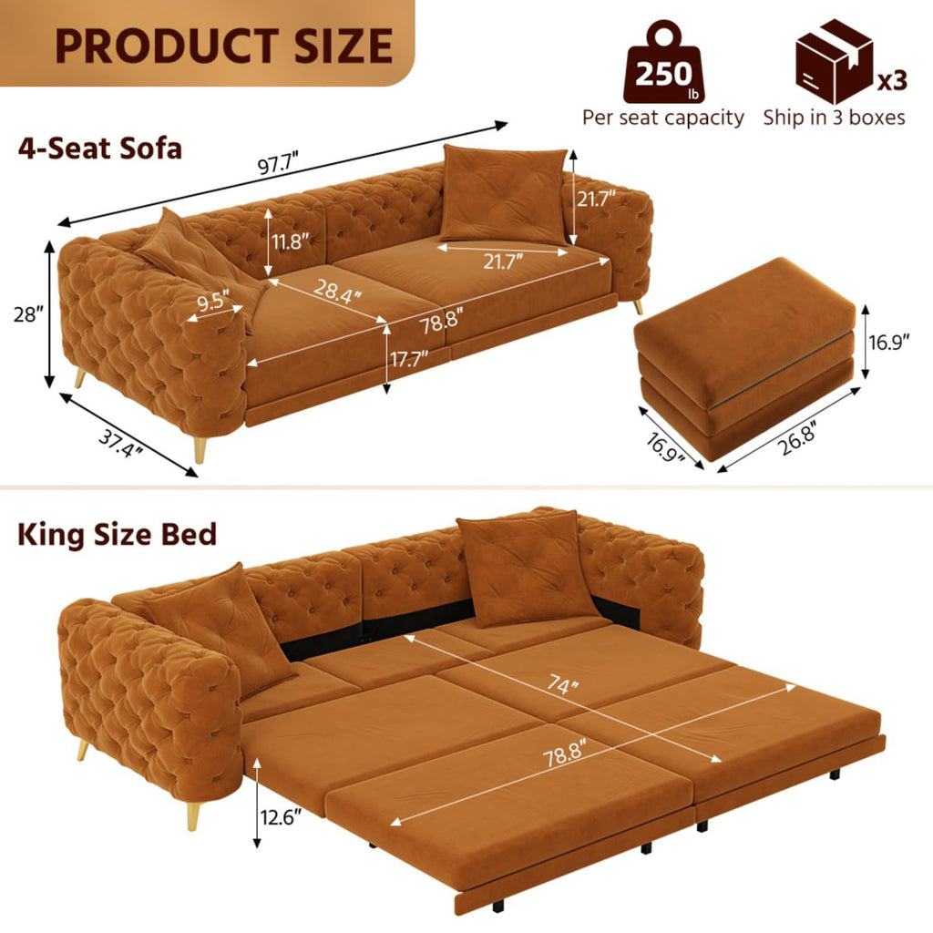 Orange Convertible Pull Out Sofa Bed Velvet Sleeper Sofa E2061