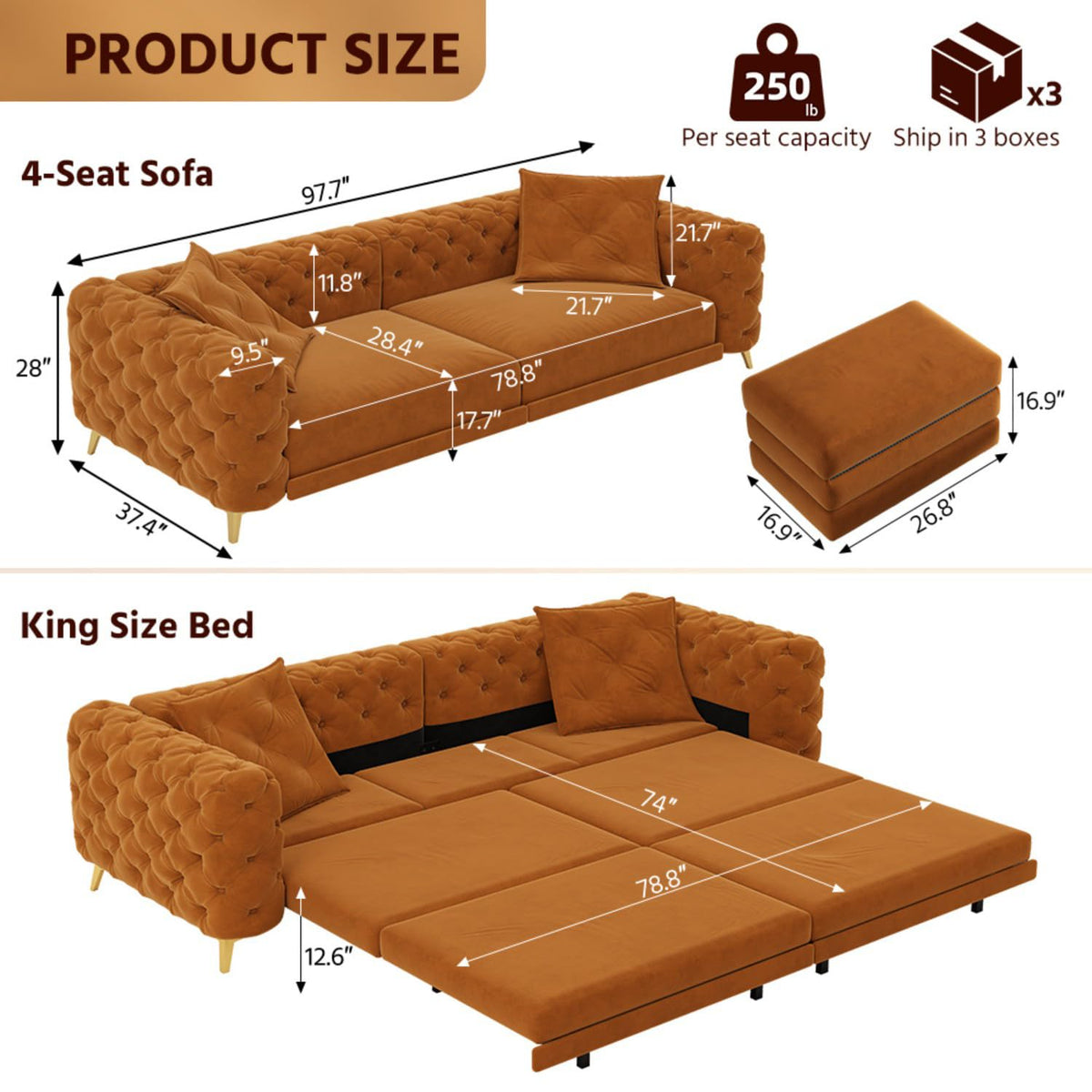 Orange Convertible Pull Out Sofa Bed Velvet Sleeper Sofa E2061