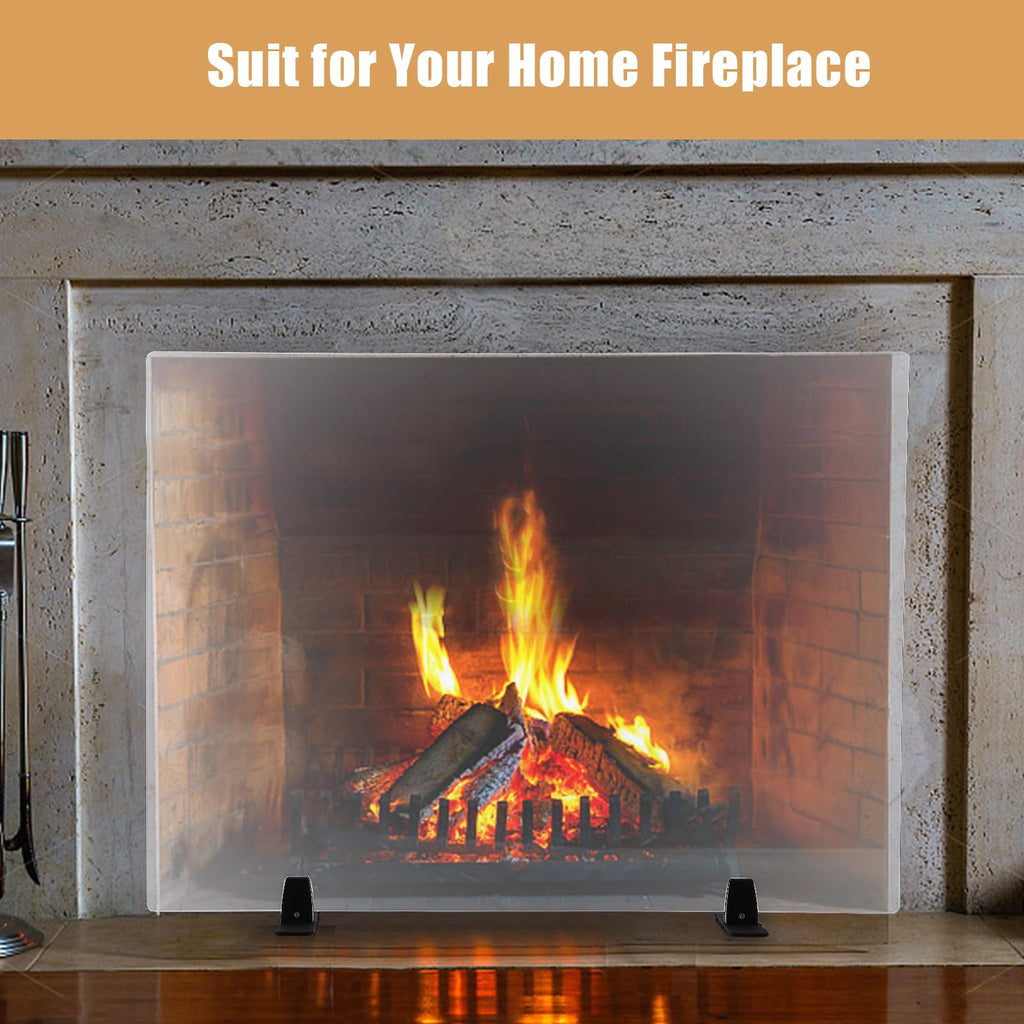 36 Inch Tempered Glass Fireplace Screen with Metal Black Base B253
