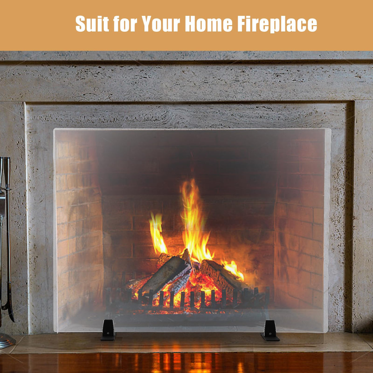 36 Inch Tempered Glass Fireplace Screen with Metal Black Base B253