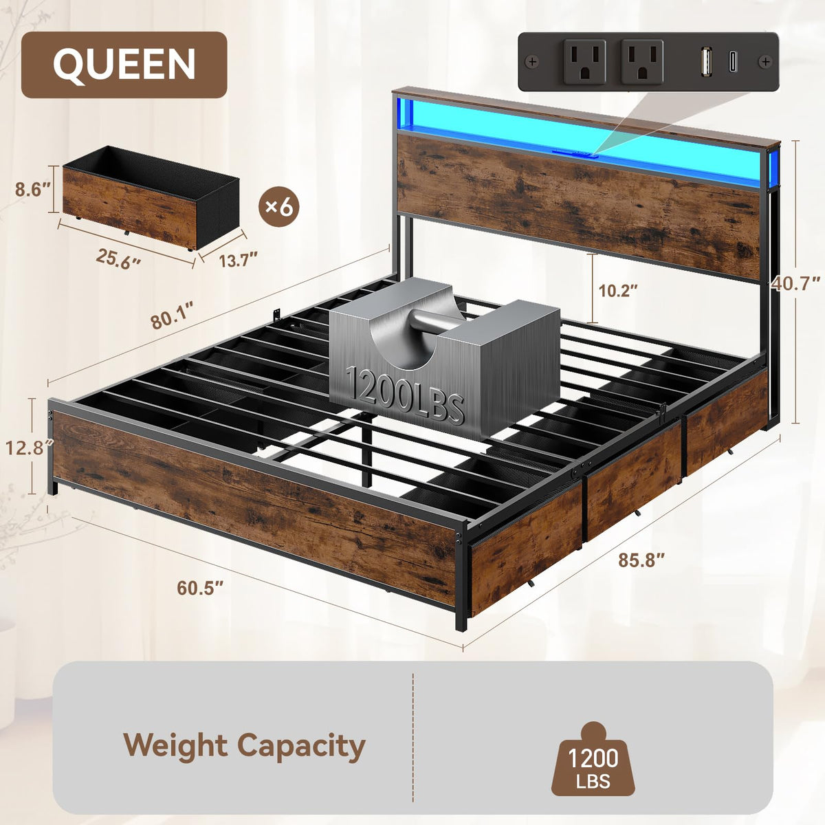Queen Bed Frame with Storage Headboard & 6 Drawers T763809