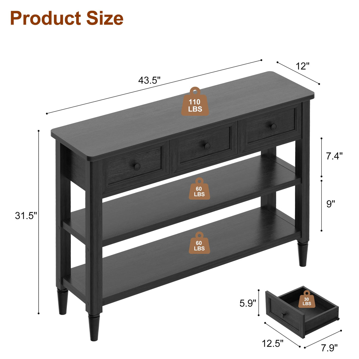 43" Narrow Farmhouse Console Table with 3 Drawers and 2 Shelves H2516