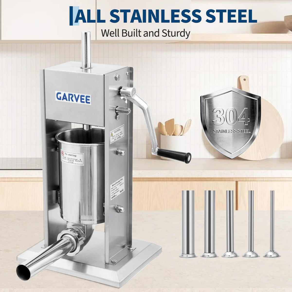 3L Stainless Steel Manual Sausage Stuffer with 5 Filling Tubes P20153
