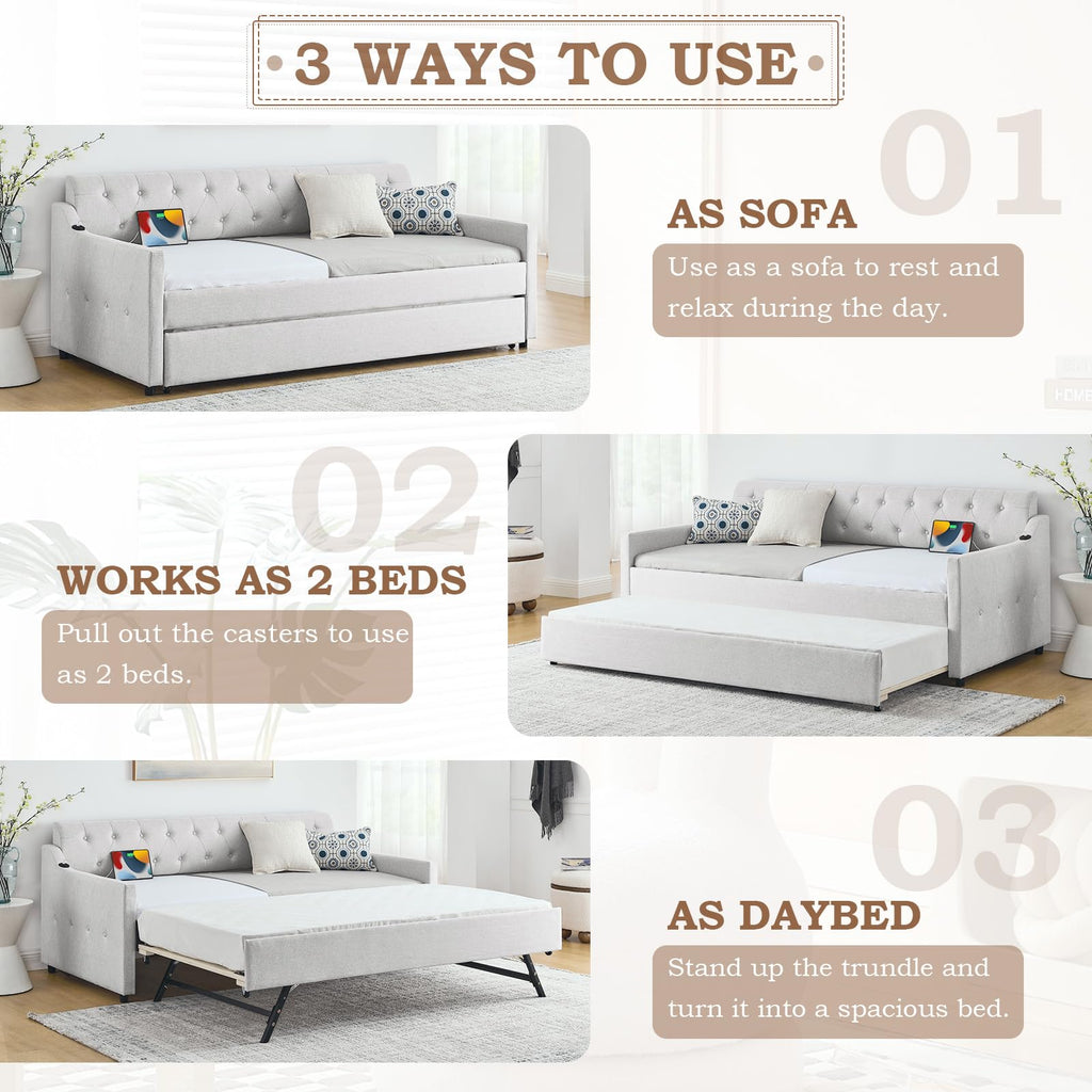 Twin Linen Upholstered Wood Daybed with Pop Up Trundle H20859