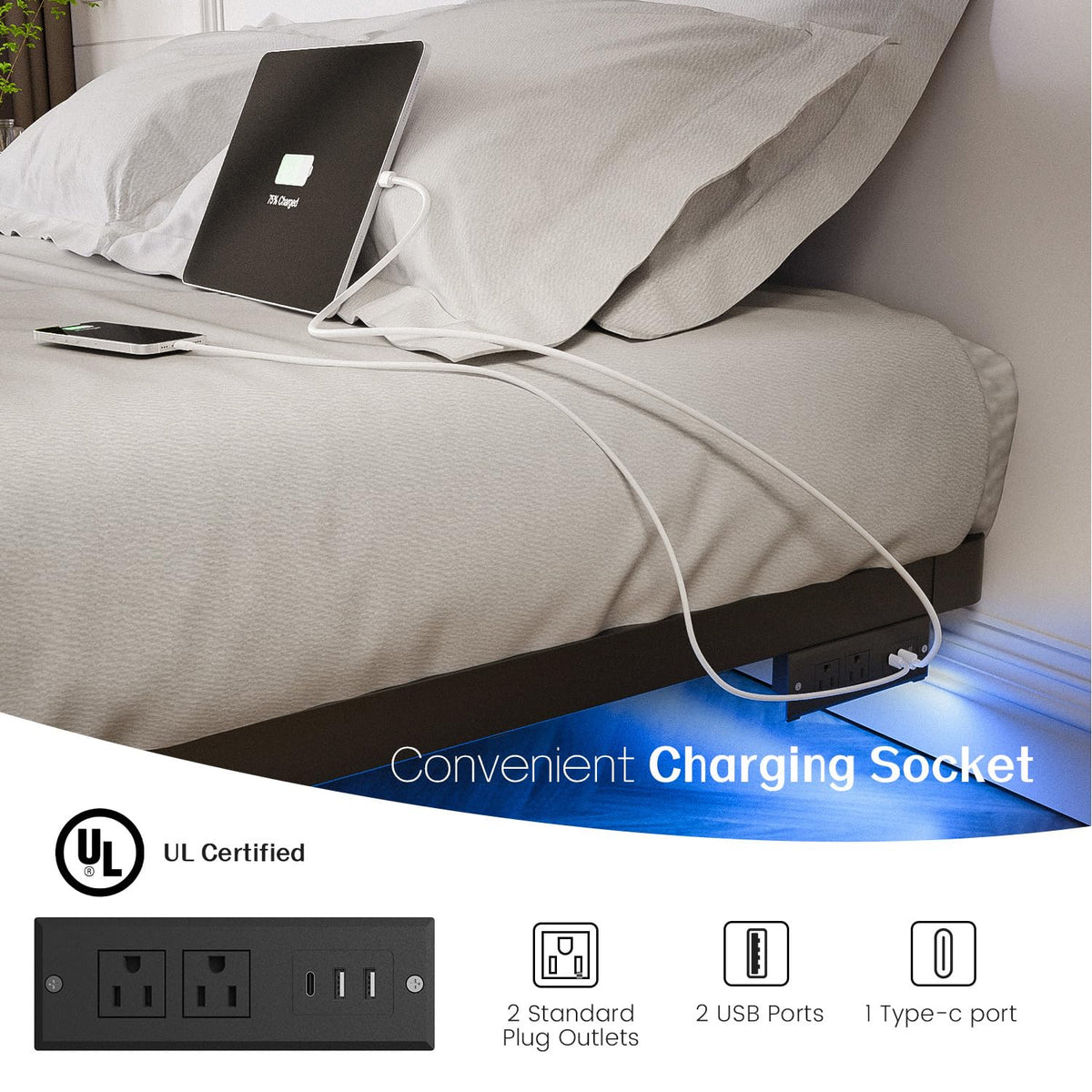 Full Size Metal Floating Bed Frame with LED Light & Charging Station F3717