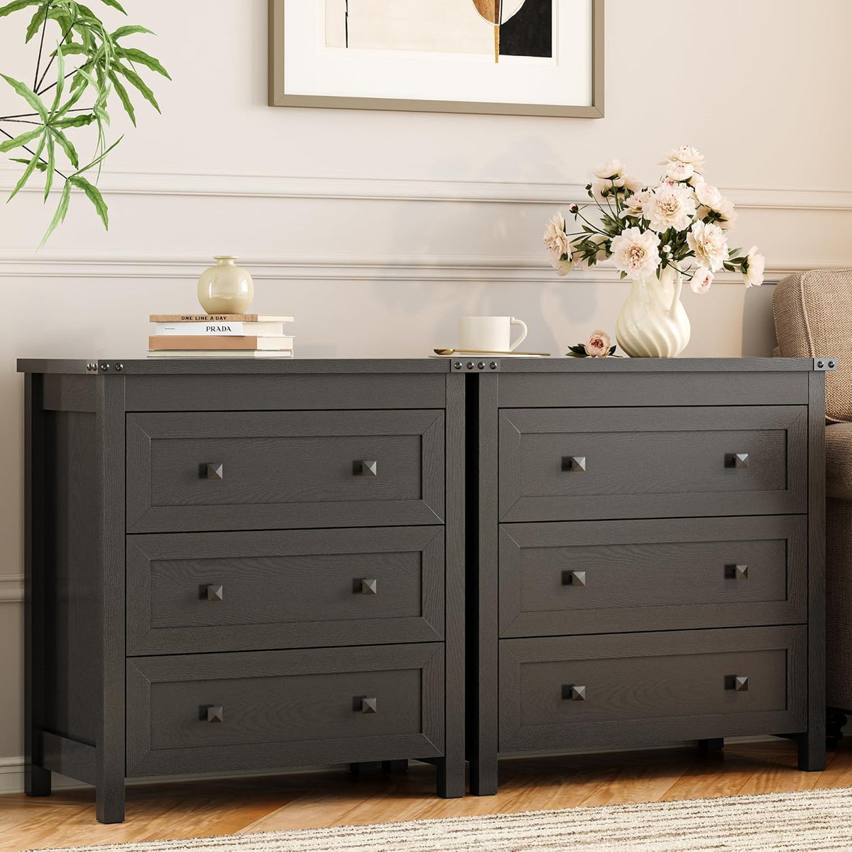27.6" Wide Black 3 Drawer Wood Nightstand E8321