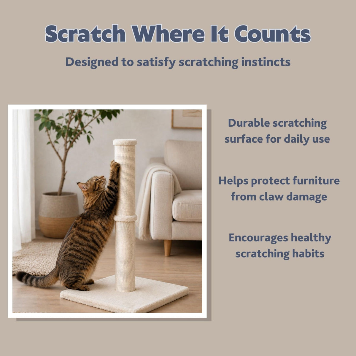 Beige Jute Cat Scratching Post H55172