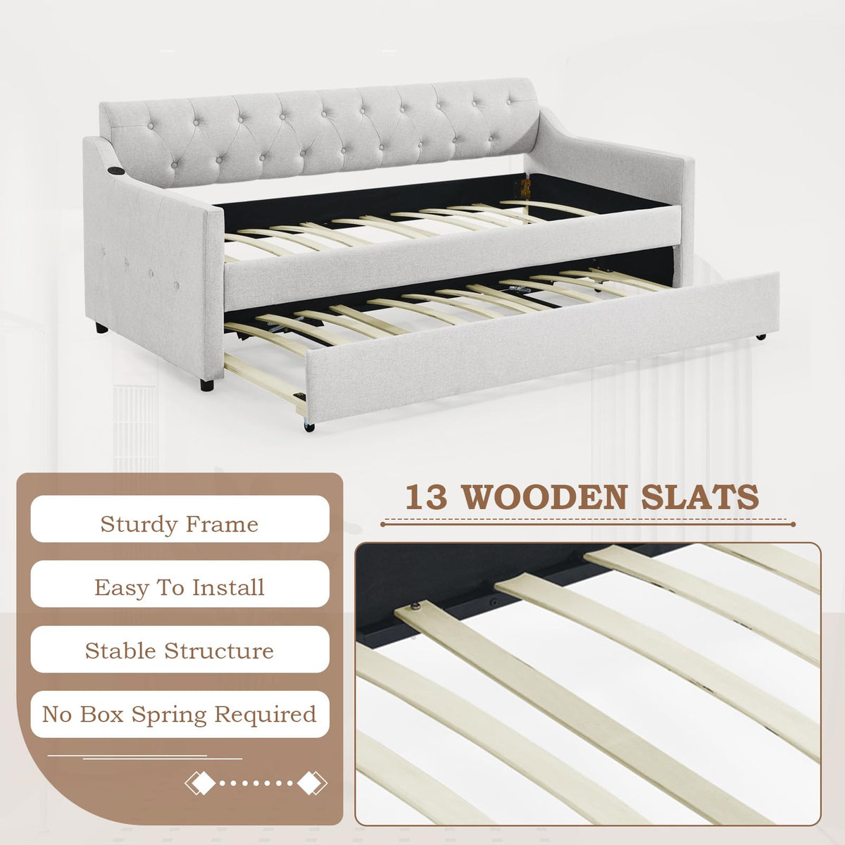 Twin Linen Upholstered Wood Daybed with Pop Up Trundle H20859