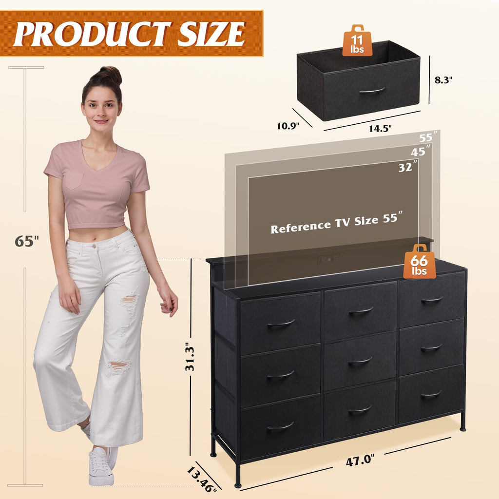 Black 9 Drawer Fabric Dresser H228
