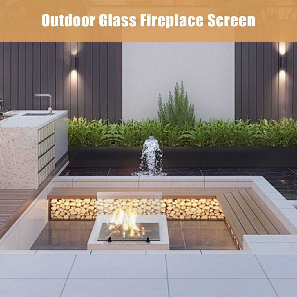 36 Inch Tempered Glass Fireplace Screen with Metal Black Base B253