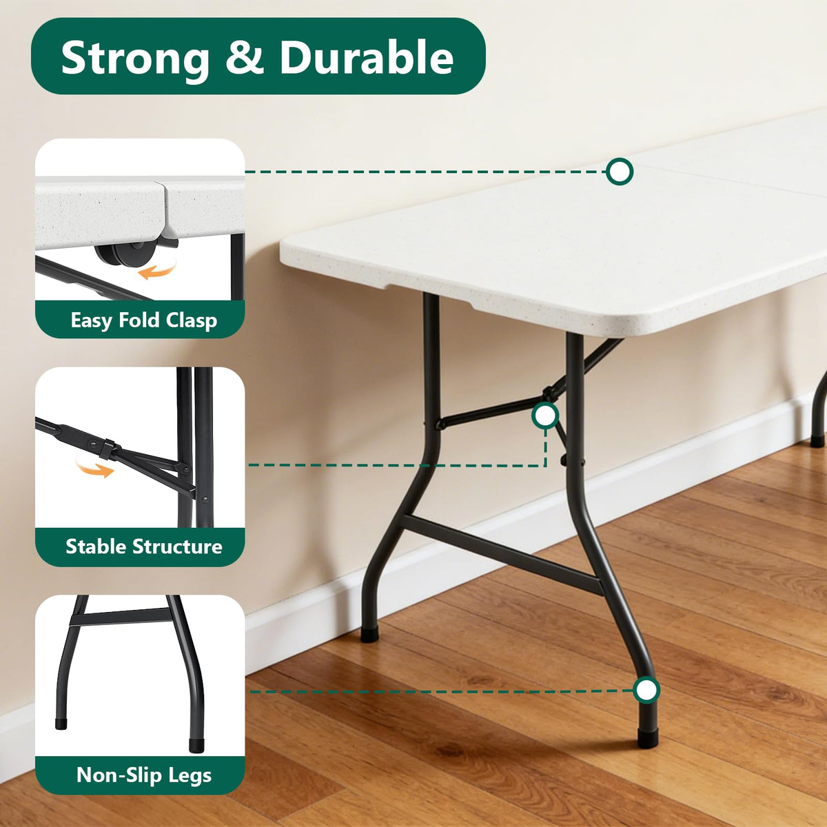6FT Heavy Duty Plastic Folding Table with Steel Legs White T24261