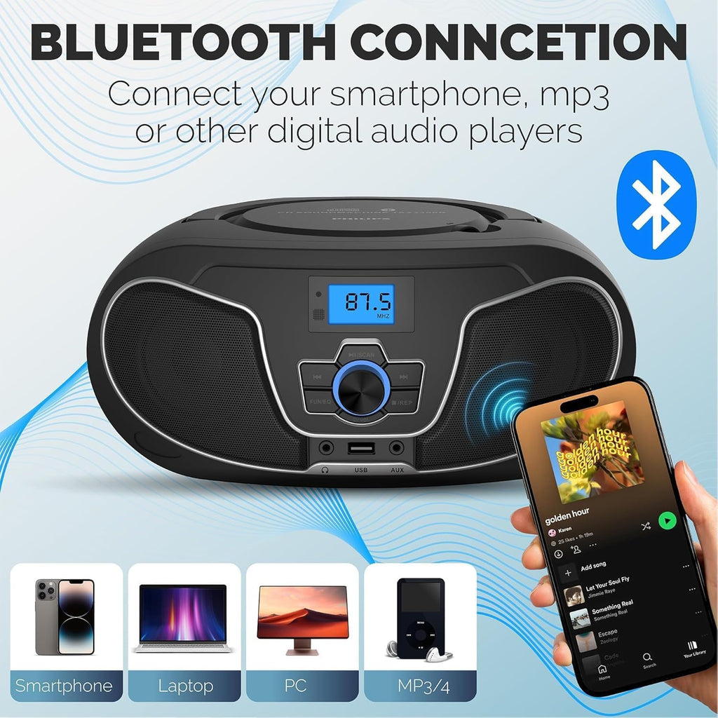 Portable CD Player Boombox with Bluetooth, FM Radio, USB Playback & AUX Input U7178
