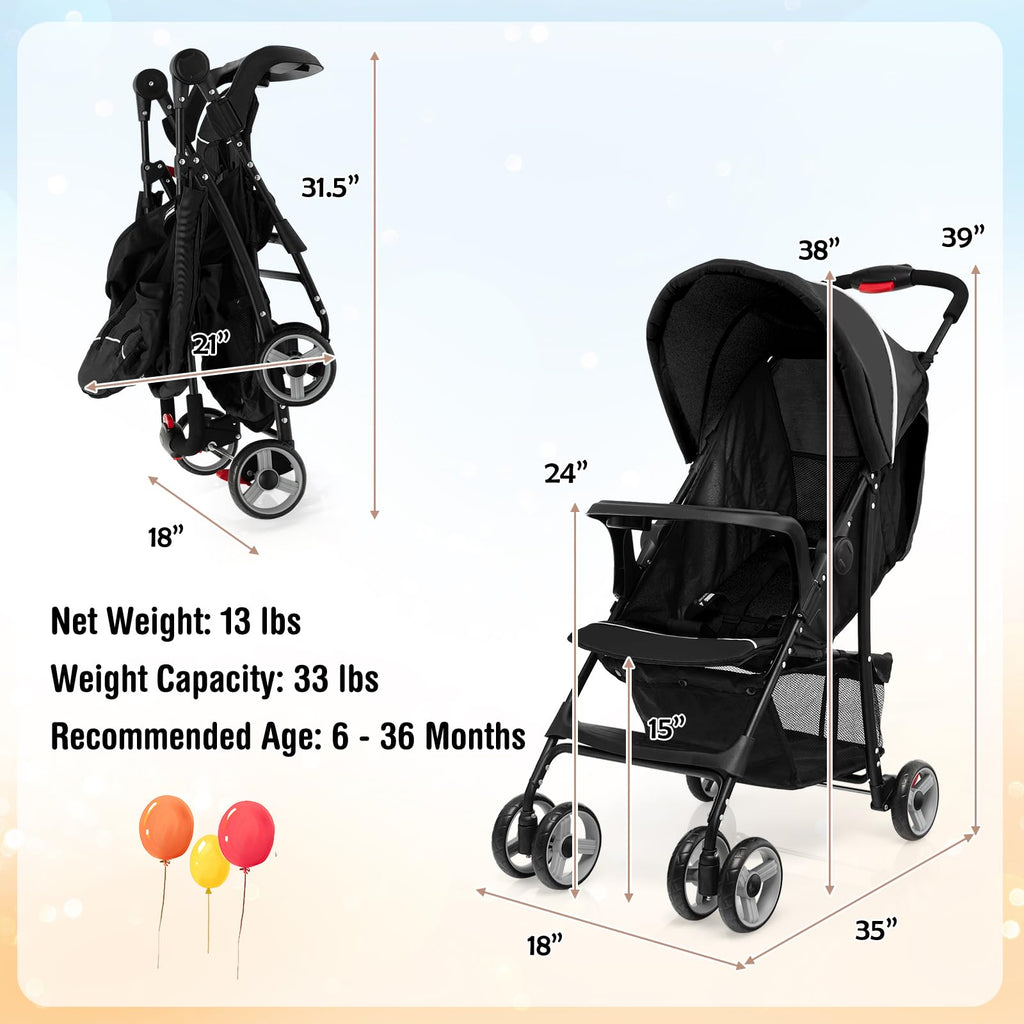 Lightweight Compact Toddler Travel Stroller with Canopy, 5-Point Harness, Storage Basket, One-Hand Fold, Black D265519