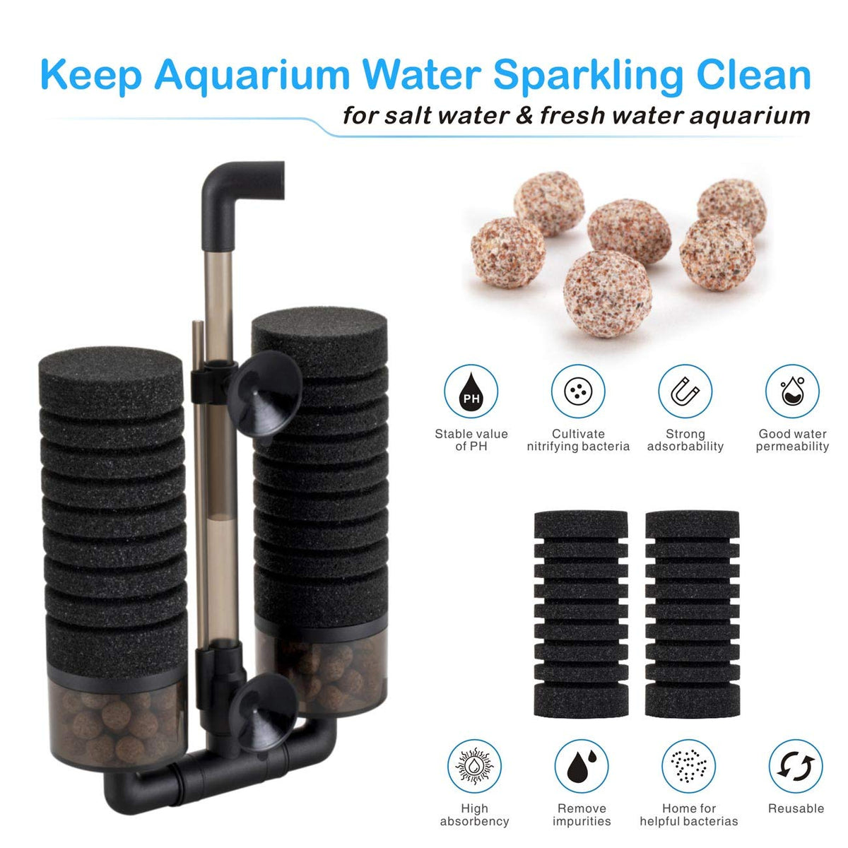 Aquarium Double Sponge Filter with Bio Ceramic Media Balls X57672