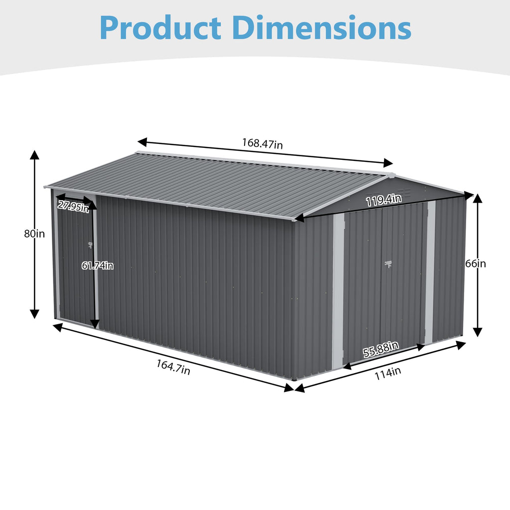 10x14 FT Waterproof Metal Storage Shed with 3 Lockable Doors F44035