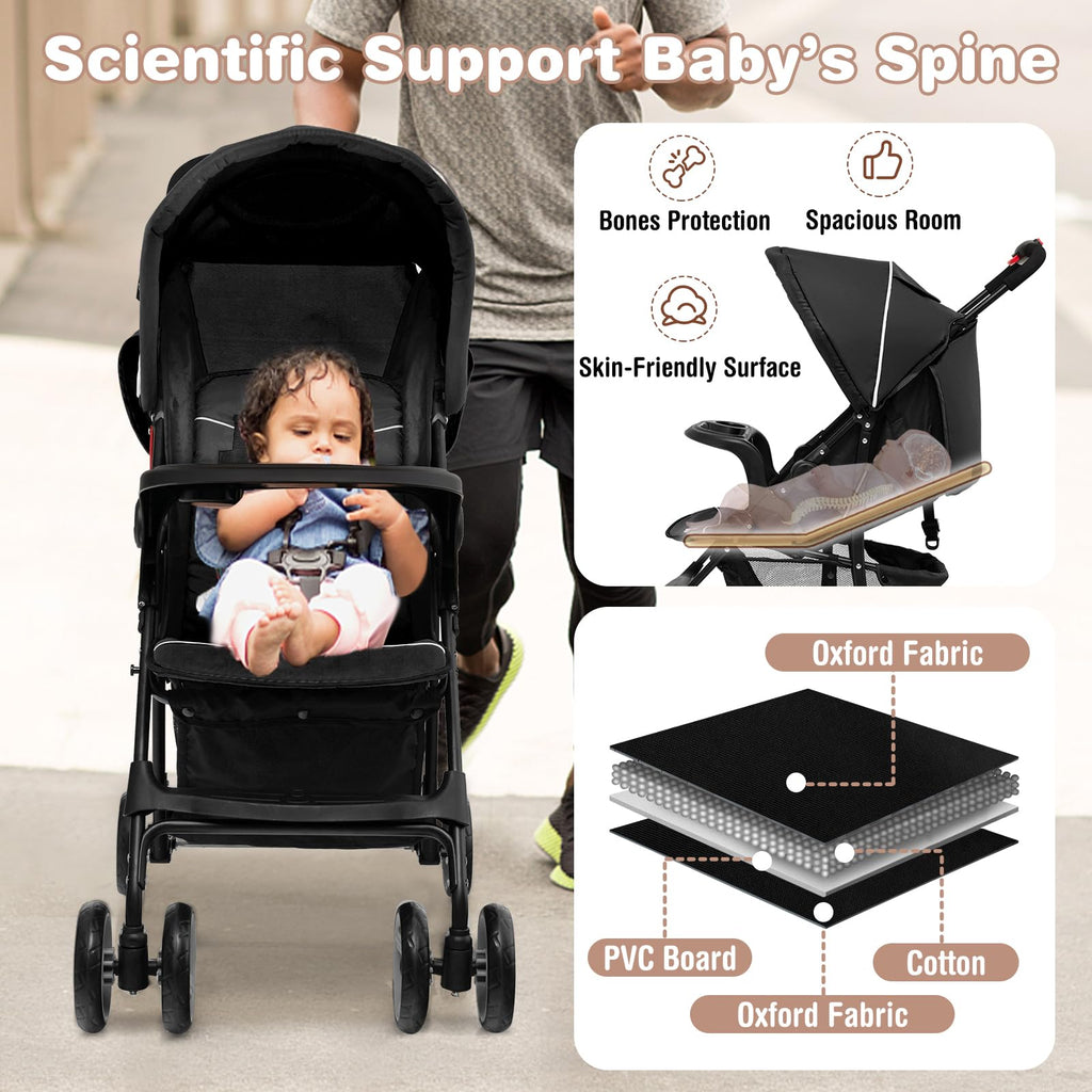 Lightweight Compact Toddler Travel Stroller with Canopy, 5-Point Harness, Storage Basket, One-Hand Fold, Black D265519