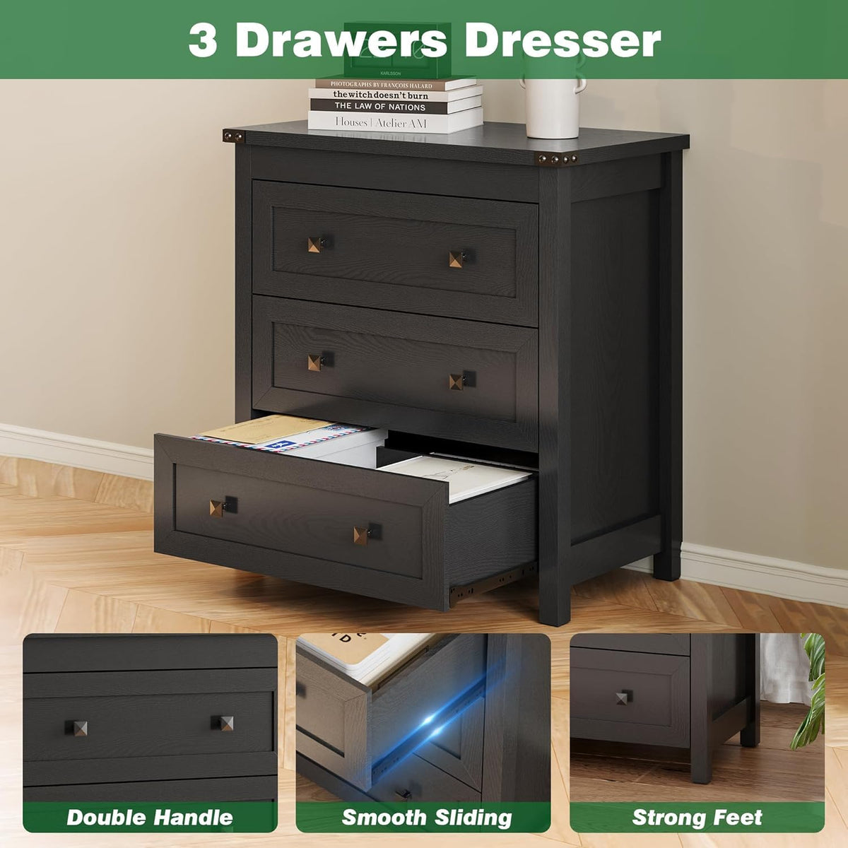 27.6" Wide Black 3 Drawer Wood Nightstand E8321