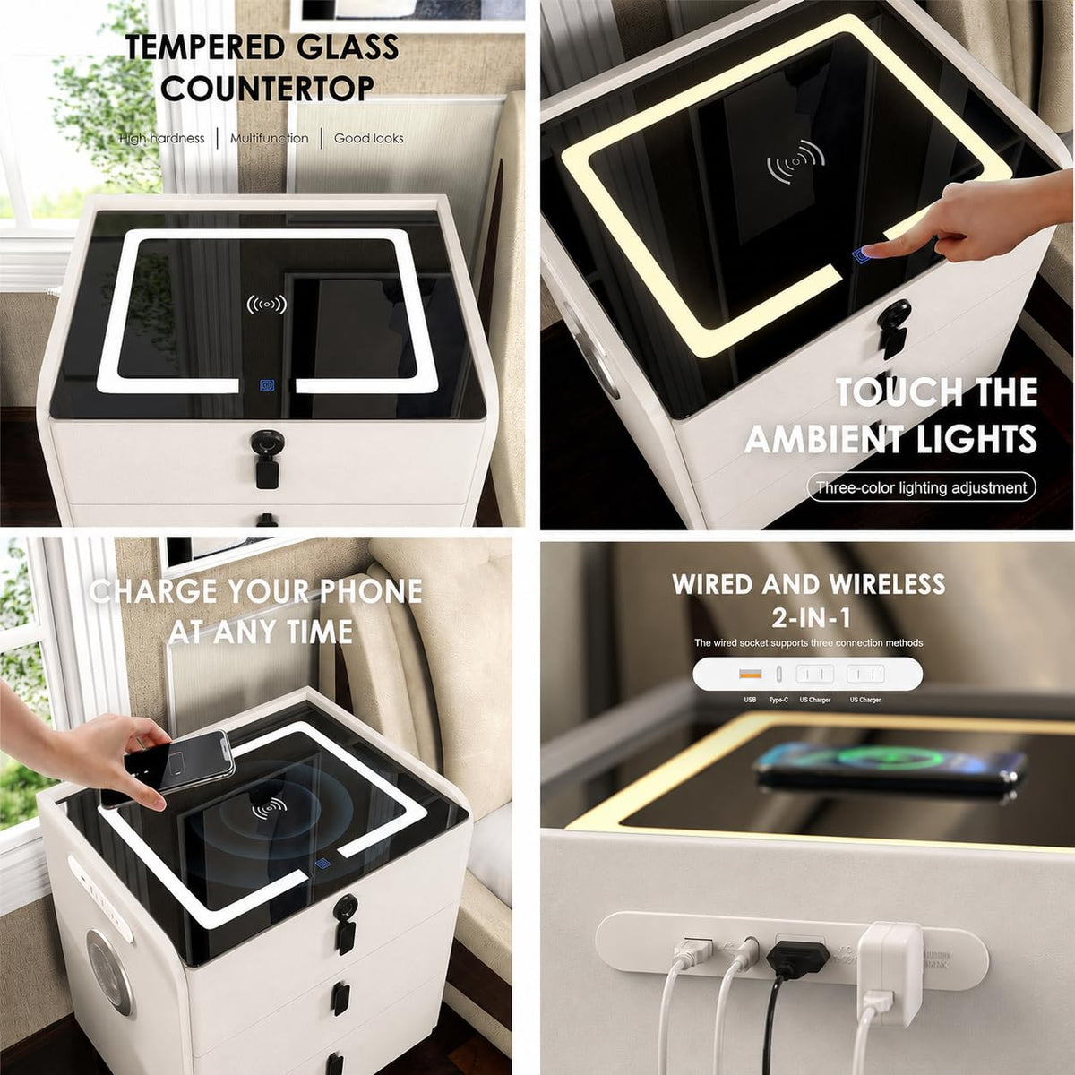 Wireless Charging Nightstand with Fingerprint Lock H2747