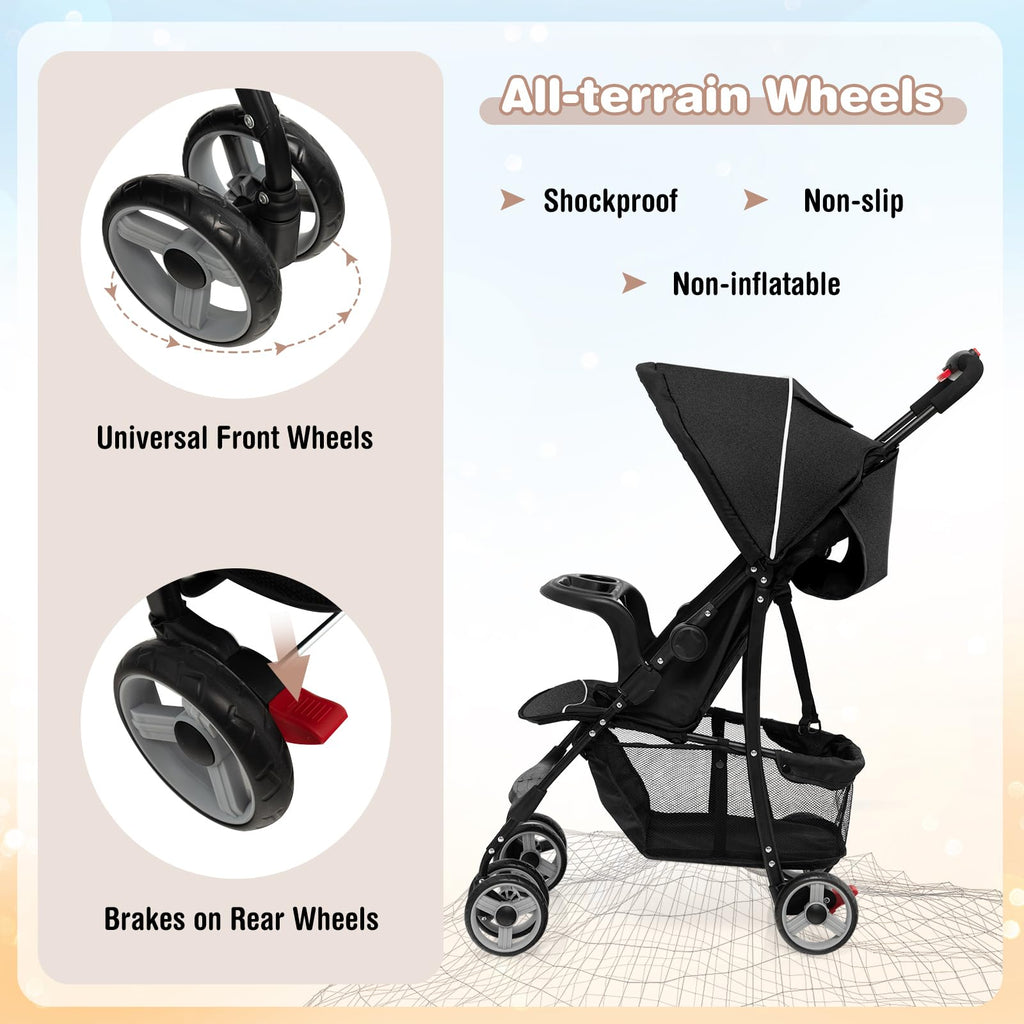 Lightweight Compact Toddler Travel Stroller with Canopy, 5-Point Harness, Storage Basket, One-Hand Fold, Black D265519