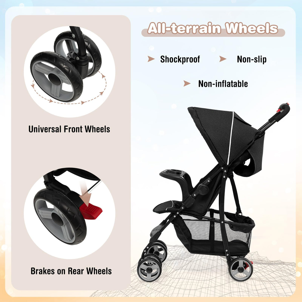 Lightweight Compact Toddler Travel Stroller with Canopy, 5-Point Harness, Storage Basket, One-Hand Fold, Black D265519