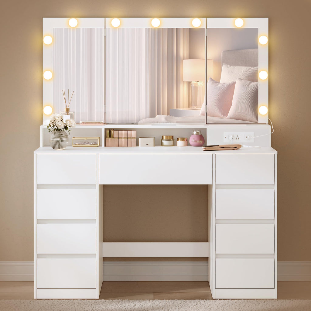 Vanity Desk with LED Lights and Tri-Fold Mirror, 9 Drawers Q818