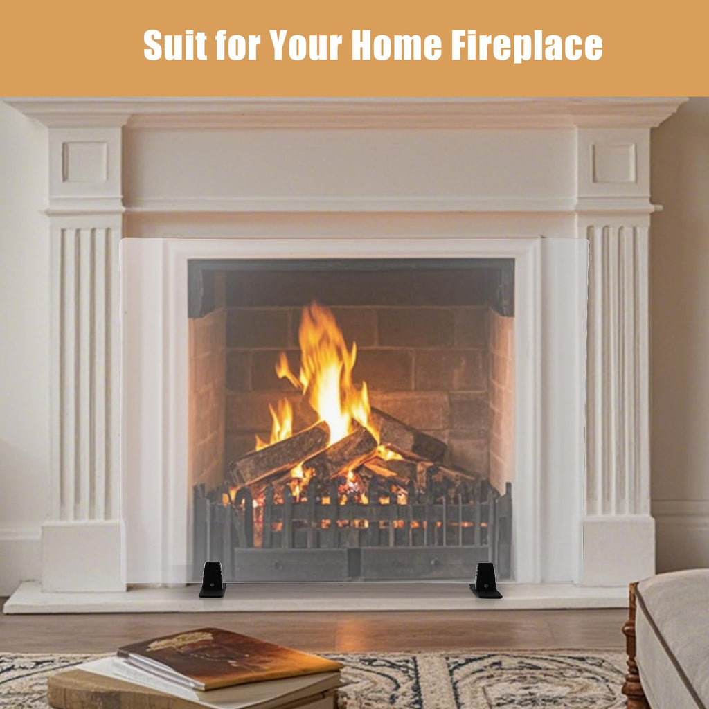 36 Inch Tempered Glass Fireplace Screen with Metal Black Base B253