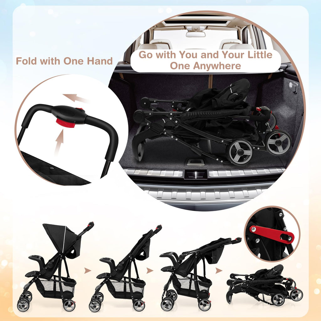 Lightweight Compact Toddler Travel Stroller with Canopy, 5-Point Harness, Storage Basket, One-Hand Fold, Black D265519