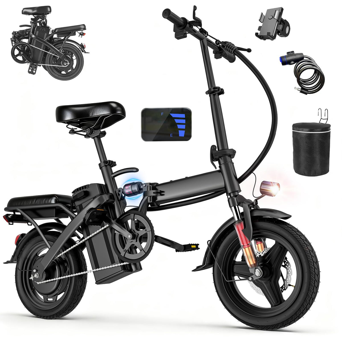 560W Motor 24MPH 32 Miles Range 48V 10Ah Battery 14" Foldable Electric Bike with Basket N167