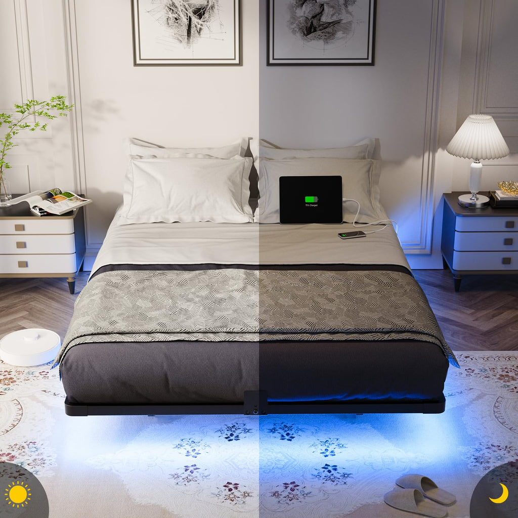 Full Size Metal Floating Bed Frame with LED Light & Charging Station F3717