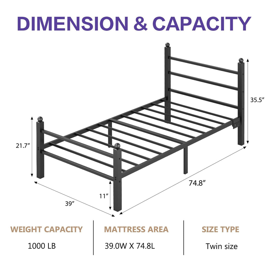 Black Twin Bed Frame with LED Lights and Charging Station Y6000