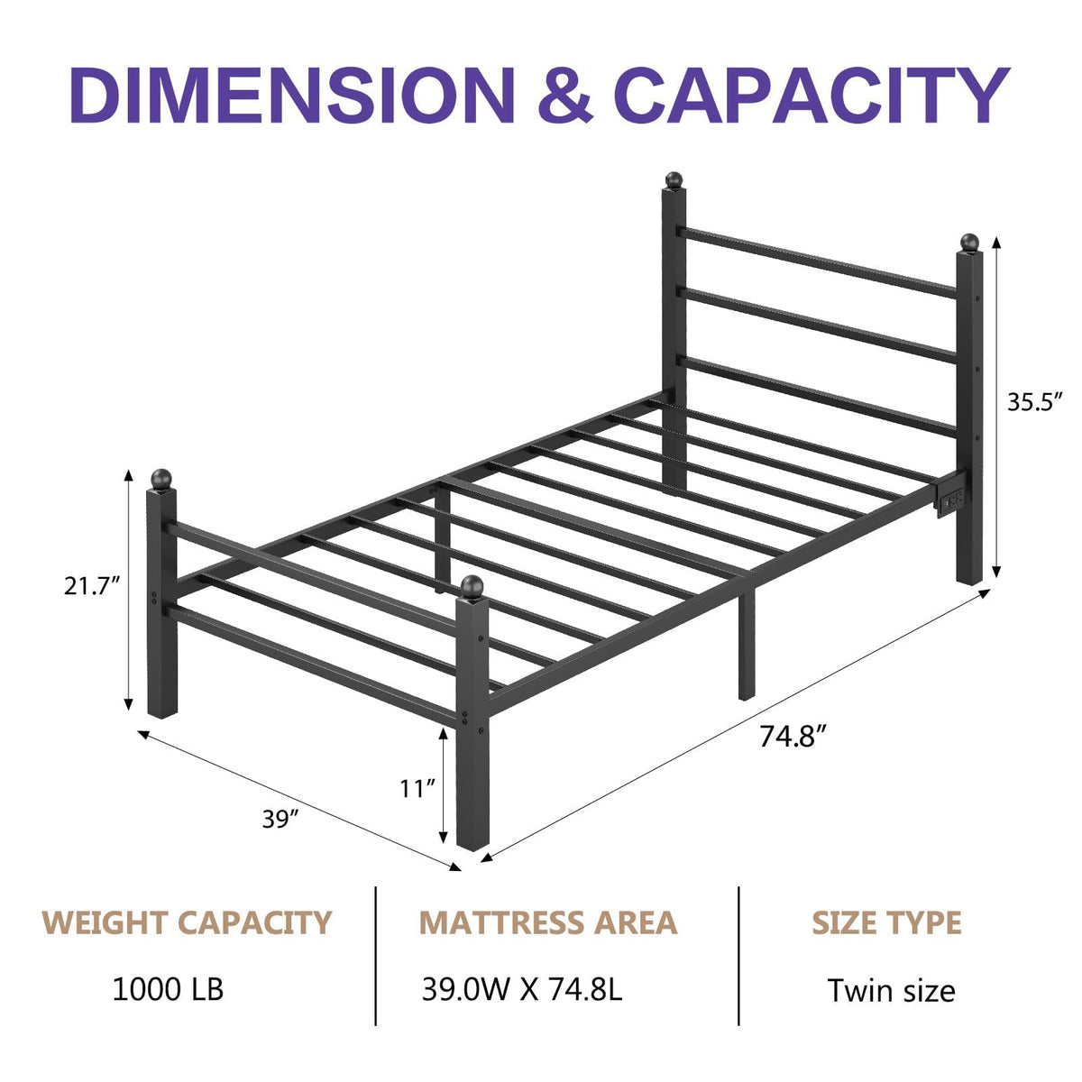 Black Twin Bed Frame with LED Lights and Charging Station Y6000